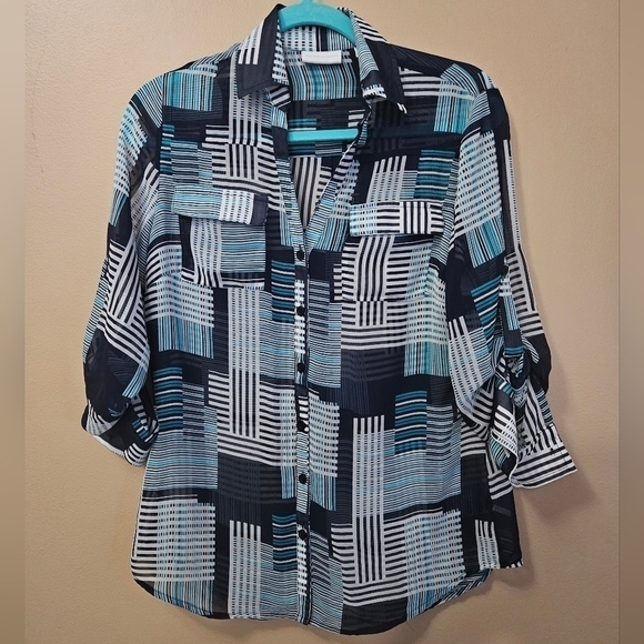 New York And Company Women's Size S Sheer Button Down Shirt - Picture 1 of 4